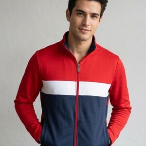 Perry Ellis Red, Navy & White Zip-Up Colorblock Sweater